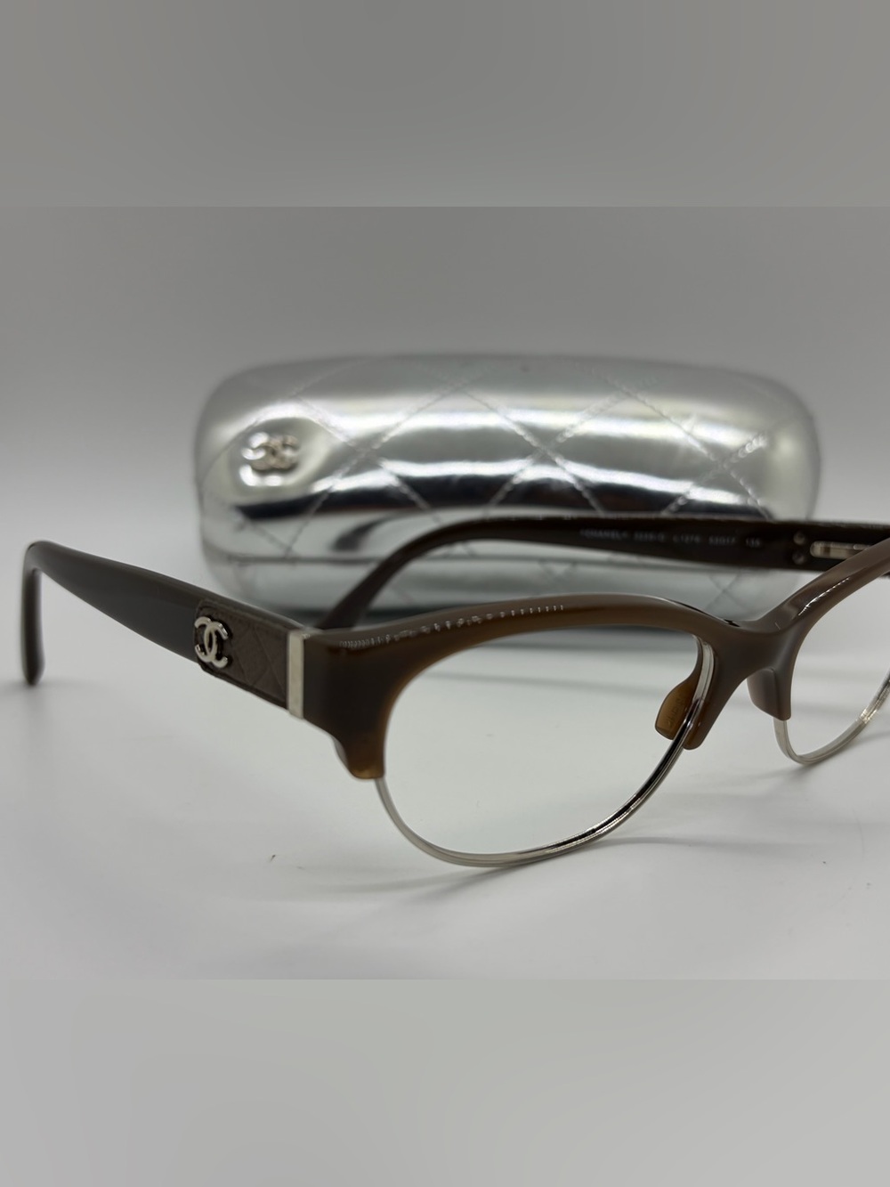 Chanel 3239-Q Brown Leather-Trim Eyeglasses 53mm with Original Rare Silver Case